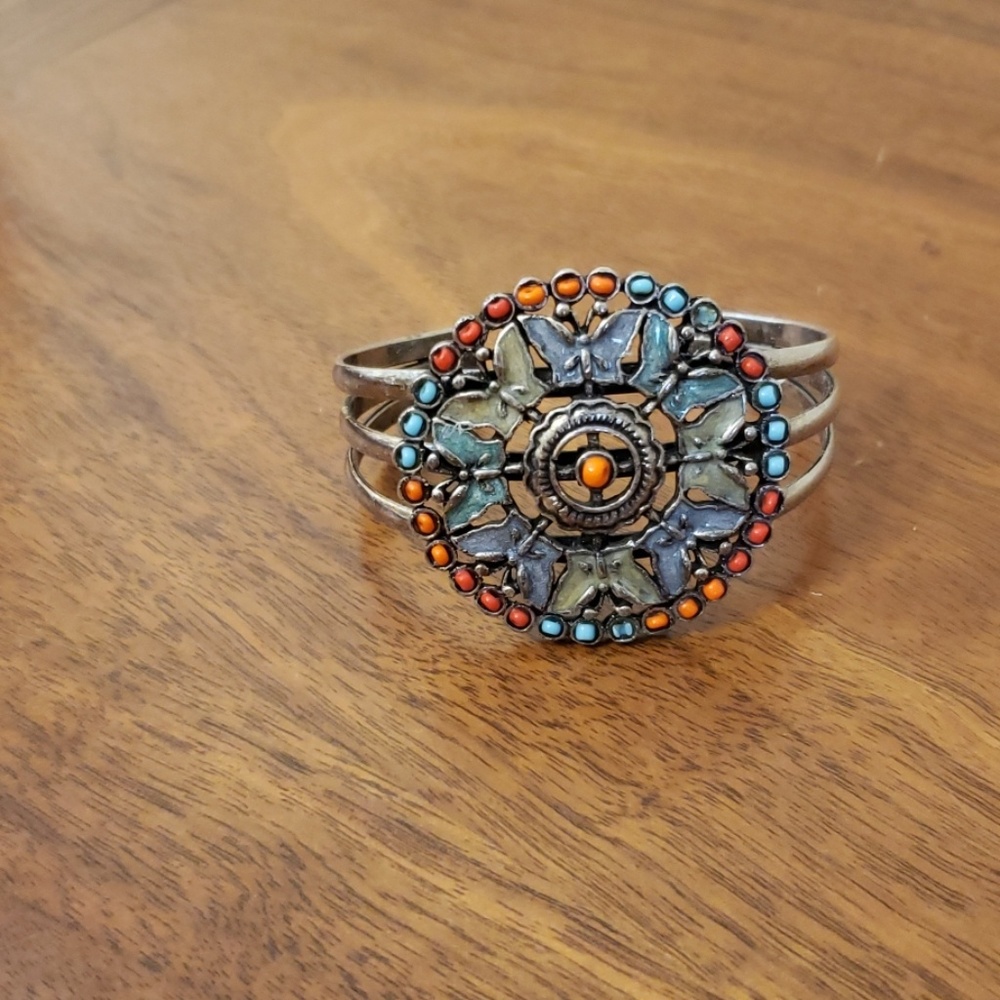 Turquoise and coral cuff butterfly bracelet.